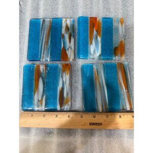 Set Of 4 Handmade Fused Glass Mosaic Coasters Blue White Orange Striped Pattern